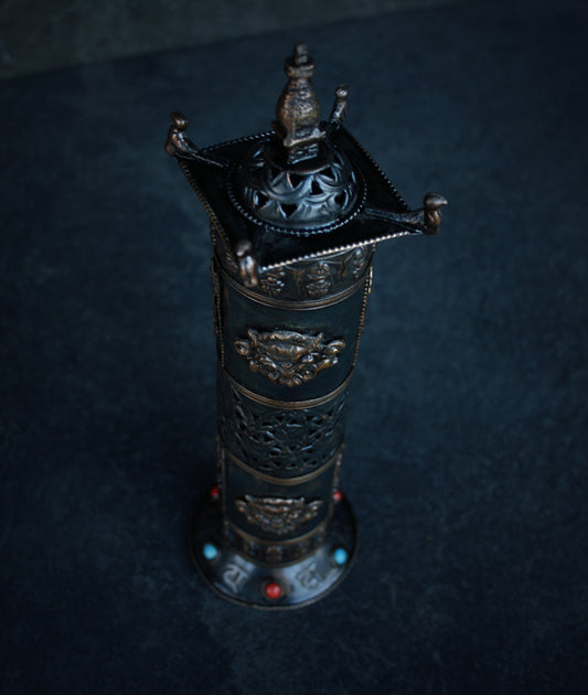 Tall tube incense burner, dark patina version - RITUAL ITEM