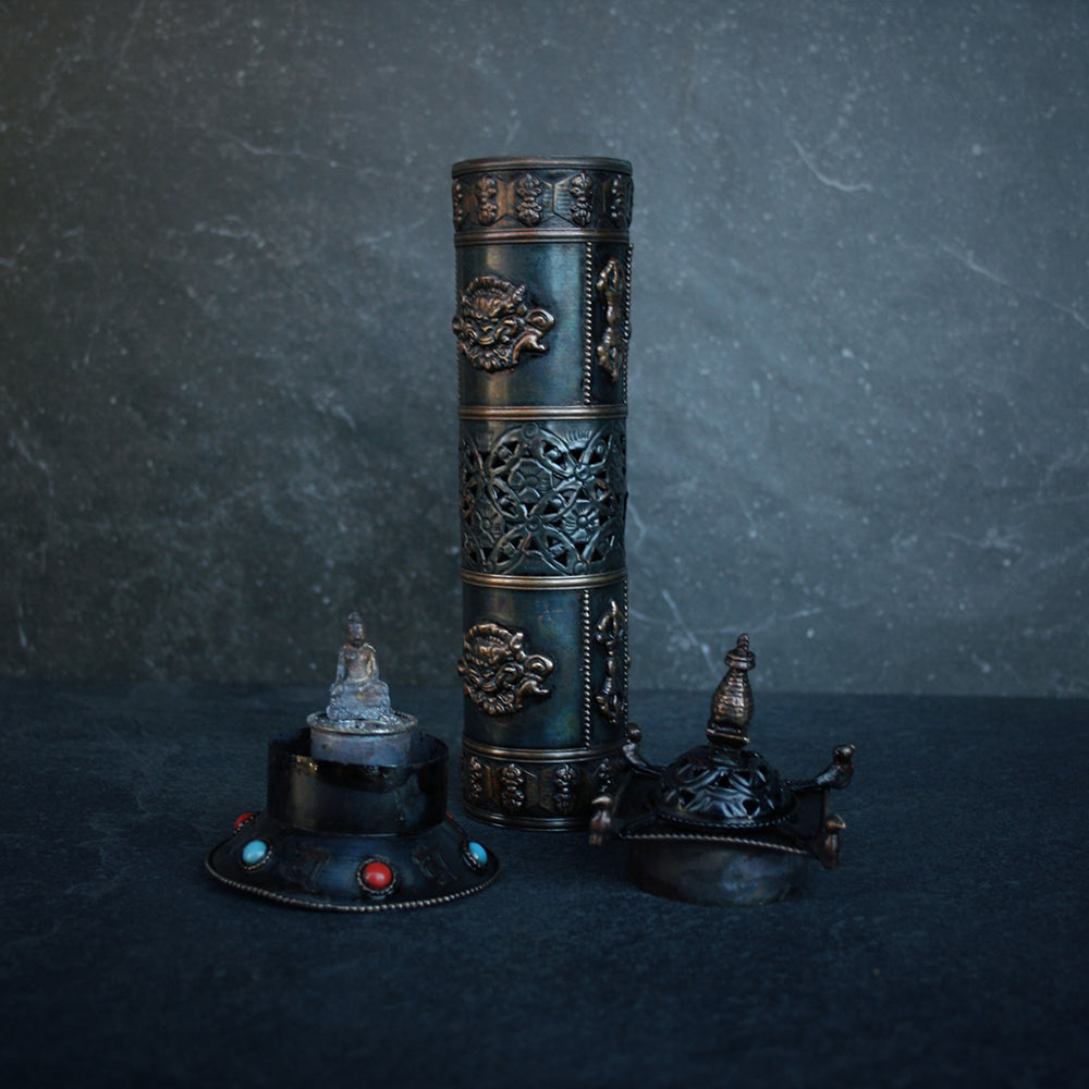 Tall tube incense burner, dark patina version - RITUAL ITEM