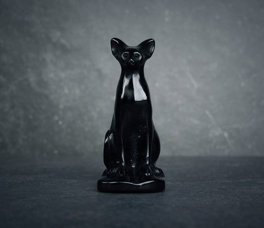 Bastet with NO necklace, carved black obsidian - RITUAL ITEM