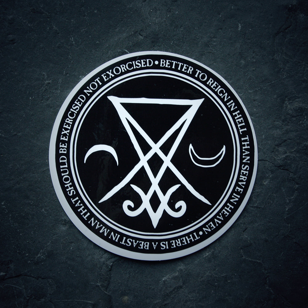 Seal of Lucifer, sigil of Lucifer with black and white moon and text - vinyl STICKER