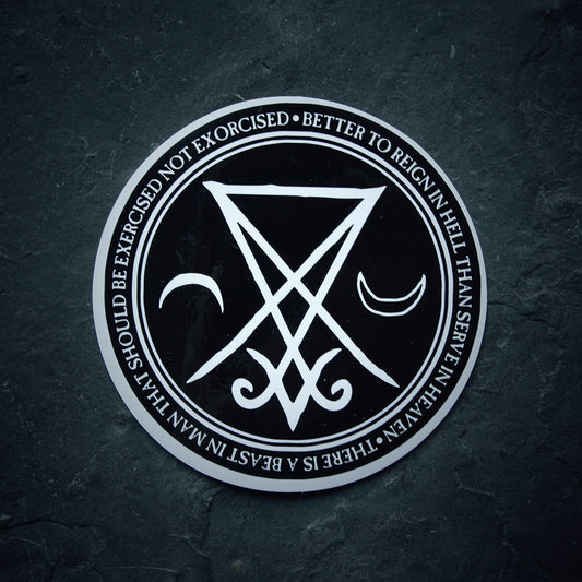 Seal of Lucifer, sigil of Lucifer with black and white moon and text - vinyl STICKER