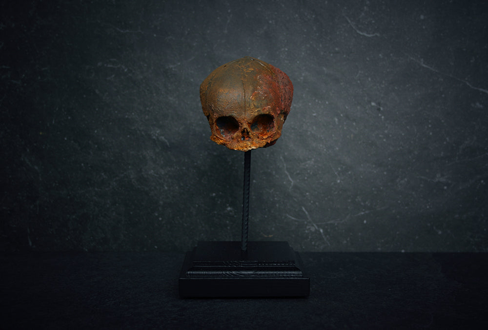 Sculpture "Fetal skull on piedestal" rust patina version - mixed media sculpture