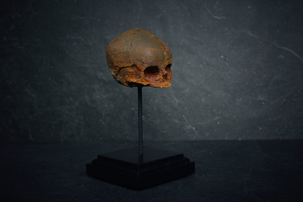 Sculpture "Fetal skull on piedestal" rust patina version - mixed media sculpture