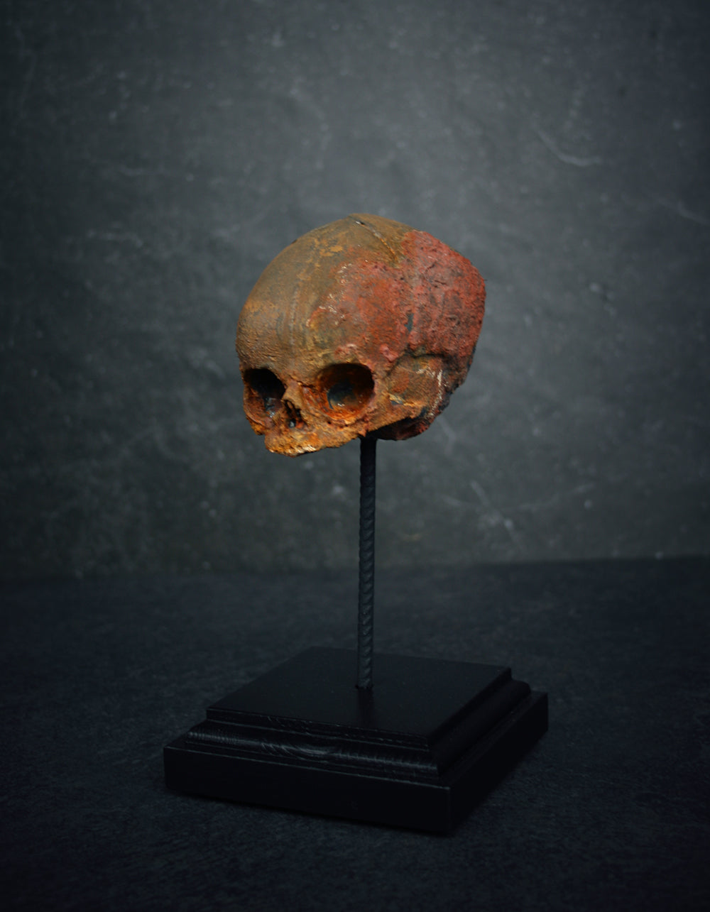 Sculpture "Fetal skull on piedestal" rust patina version - mixed media sculpture