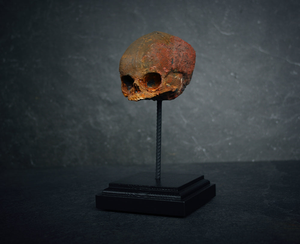 Sculpture "Fetal skull on piedestal" rust patina version - mixed media sculpture