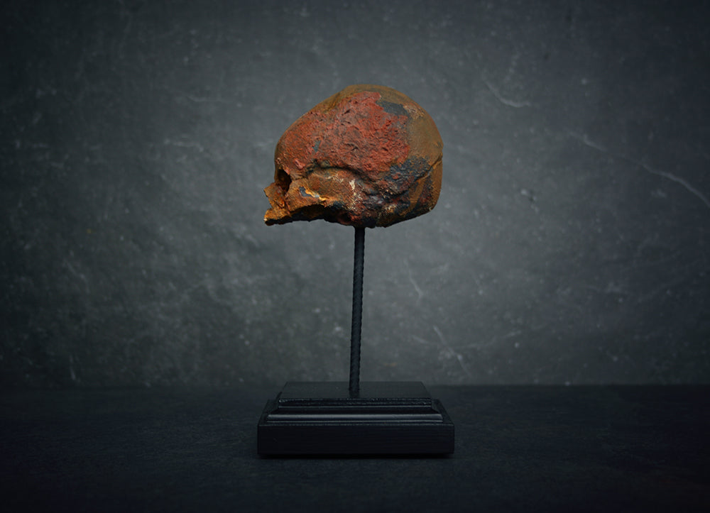 Sculpture "Fetal skull on piedestal" rust patina version - mixed media sculpture