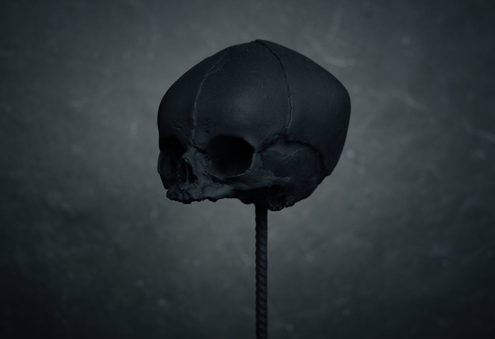 Sculpture "Fetal skull on piedestal" matte black patina version - mixed media sculpture