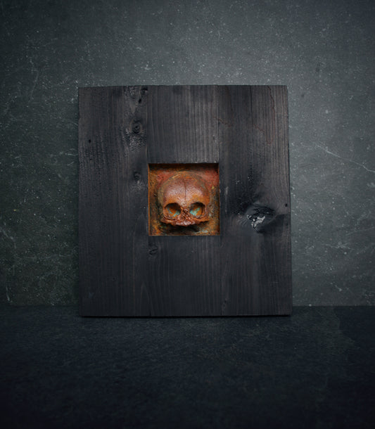 Sculpture "Fetal skull altar square" wall hanger - mixed media sculpture