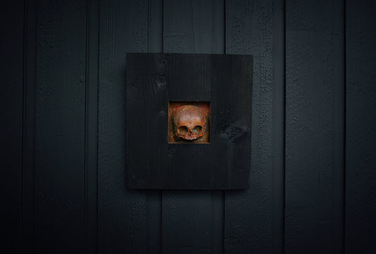 Sculpture "Fetal skull altar square" wall hanger - mixed media sculpture