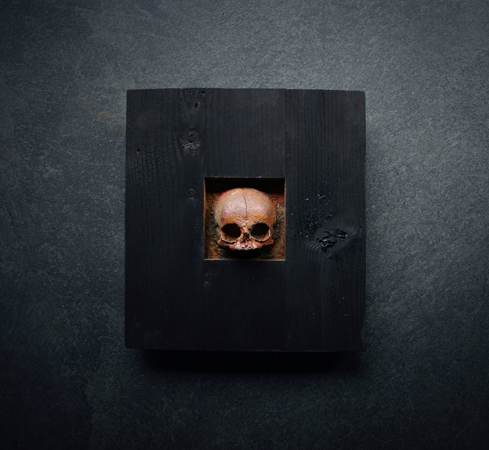 Sculpture "Fetal skull altar square" wall hanger - mixed media sculpture