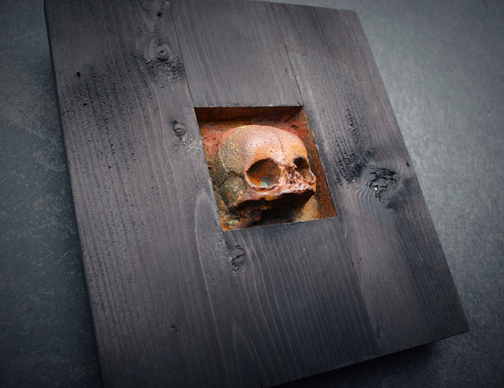 Sculpture "Fetal skull altar square" wall hanger - mixed media sculpture