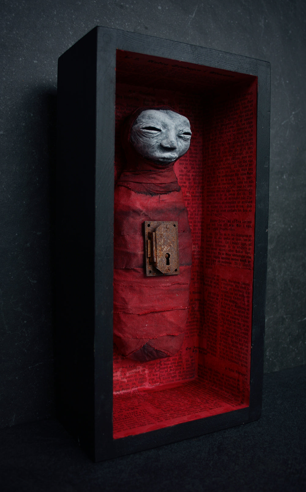 Sculpture stillborn "Red Key Keeper" - mixed media sculpture