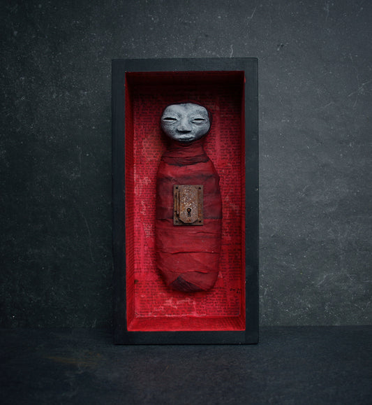 Sculpture stillborn "Red Key Keeper" - mixed media sculpture