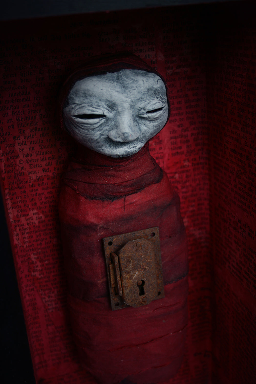 Sculpture stillborn "Red Key Keeper" - mixed media sculpture