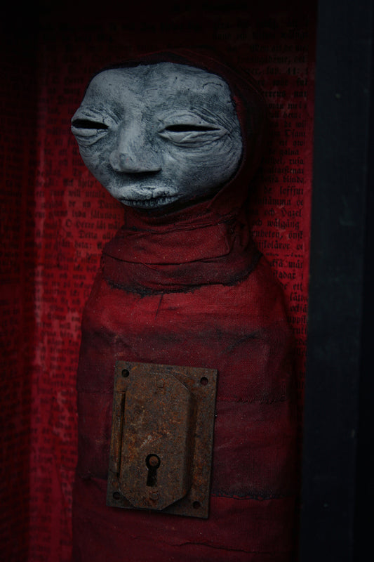 Sculpture stillborn "Red Key Keeper" - mixed media sculpture