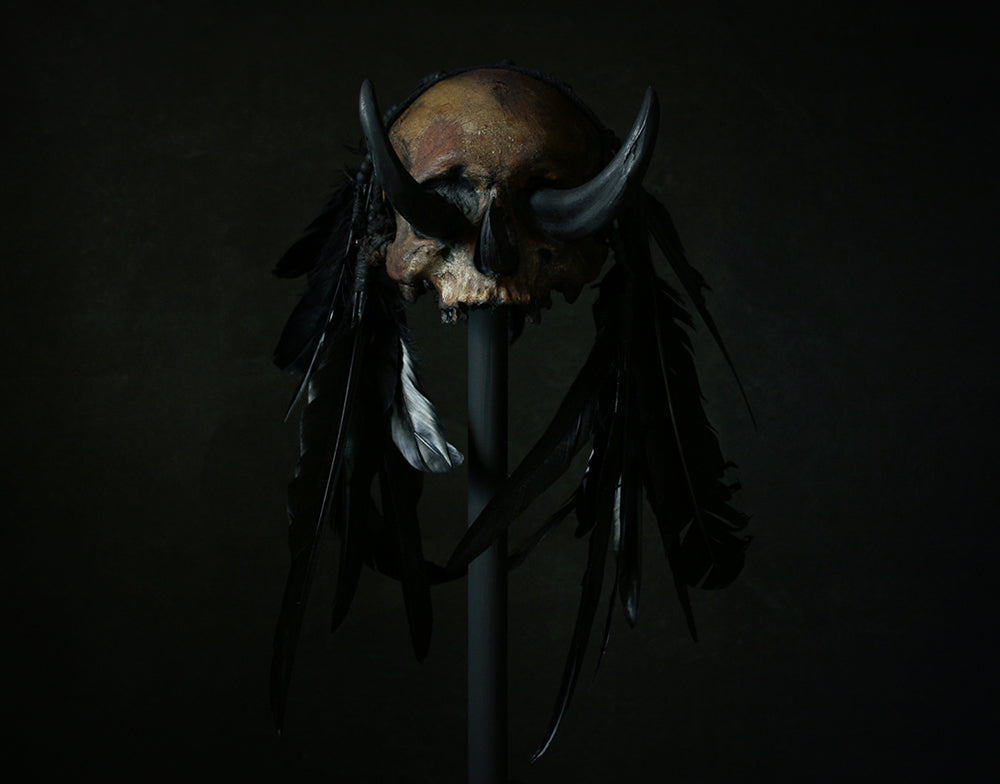Skull mixed media sculpture "Black Chief 3-tusk" - SCULPTURE
