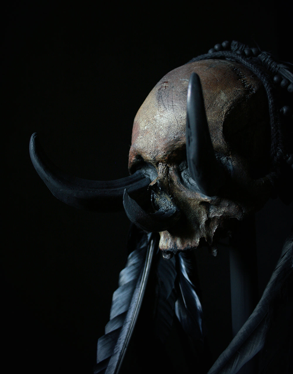 Skull mixed media sculpture "Black Chief 3-tusk" - SCULPTURE
