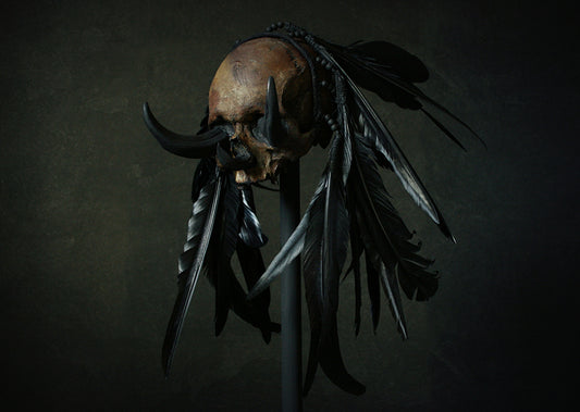 Skull mixed media sculpture "Black Chief 3-tusk" - SCULPTURE
