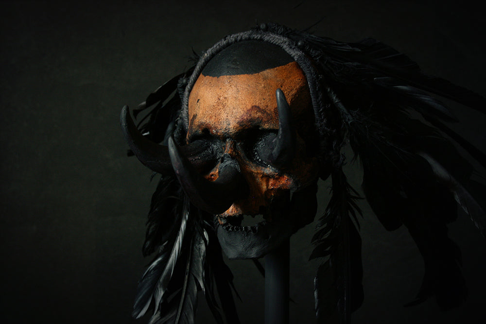 Skull mixed media sculpture "Black Chief Khaal" - SCULPTURE