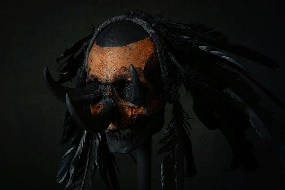 Skull mixed media sculpture "Black Chief Khaal" - SCULPTURE