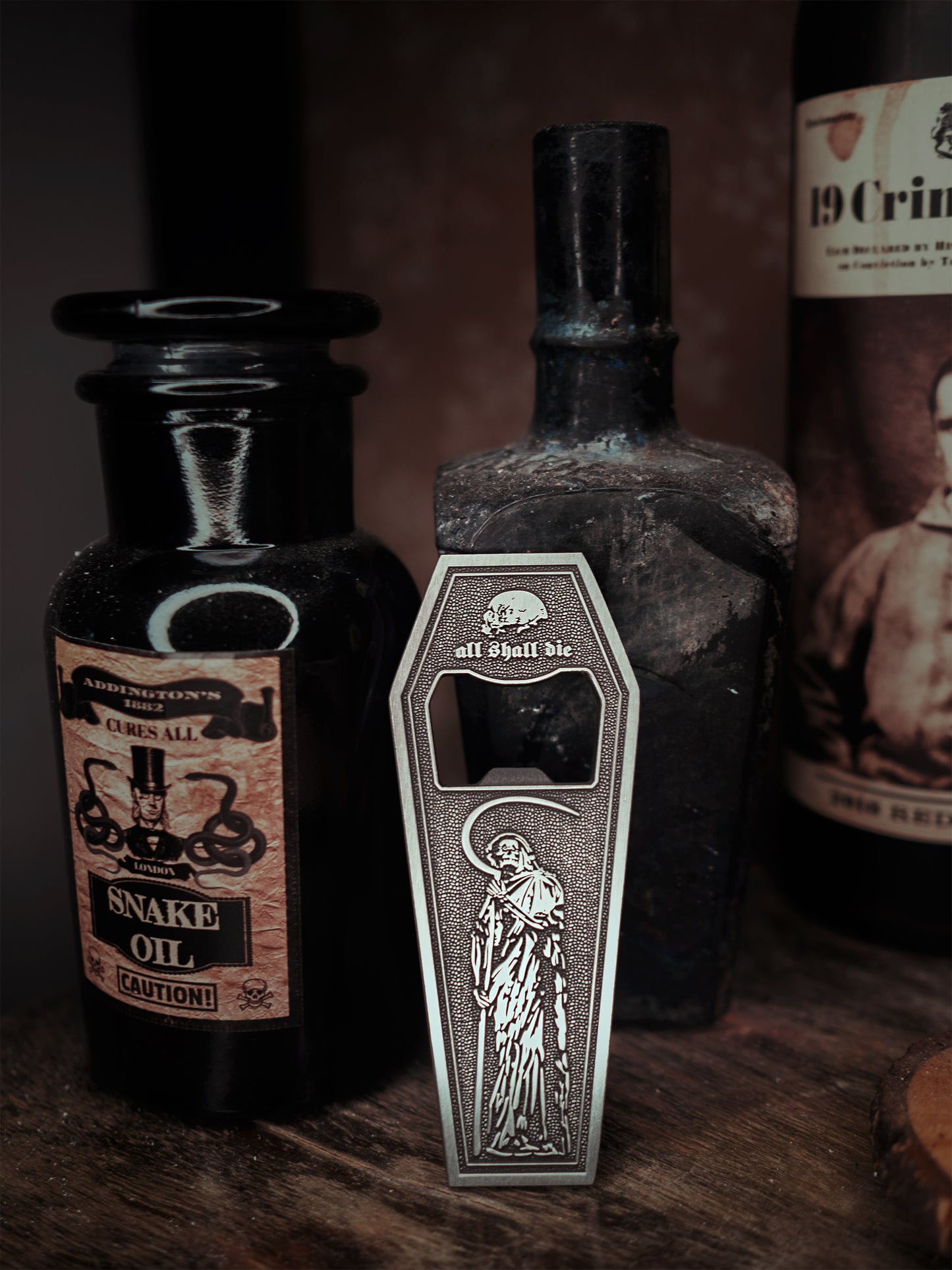 Coffin shaped, 2 sided, "all will perish" - BOTTLE OPENER