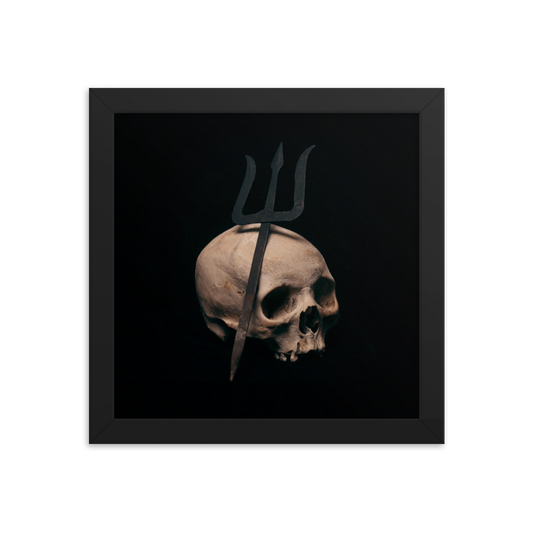 Trident leaning on skull, real human skull photography - Square framed poster