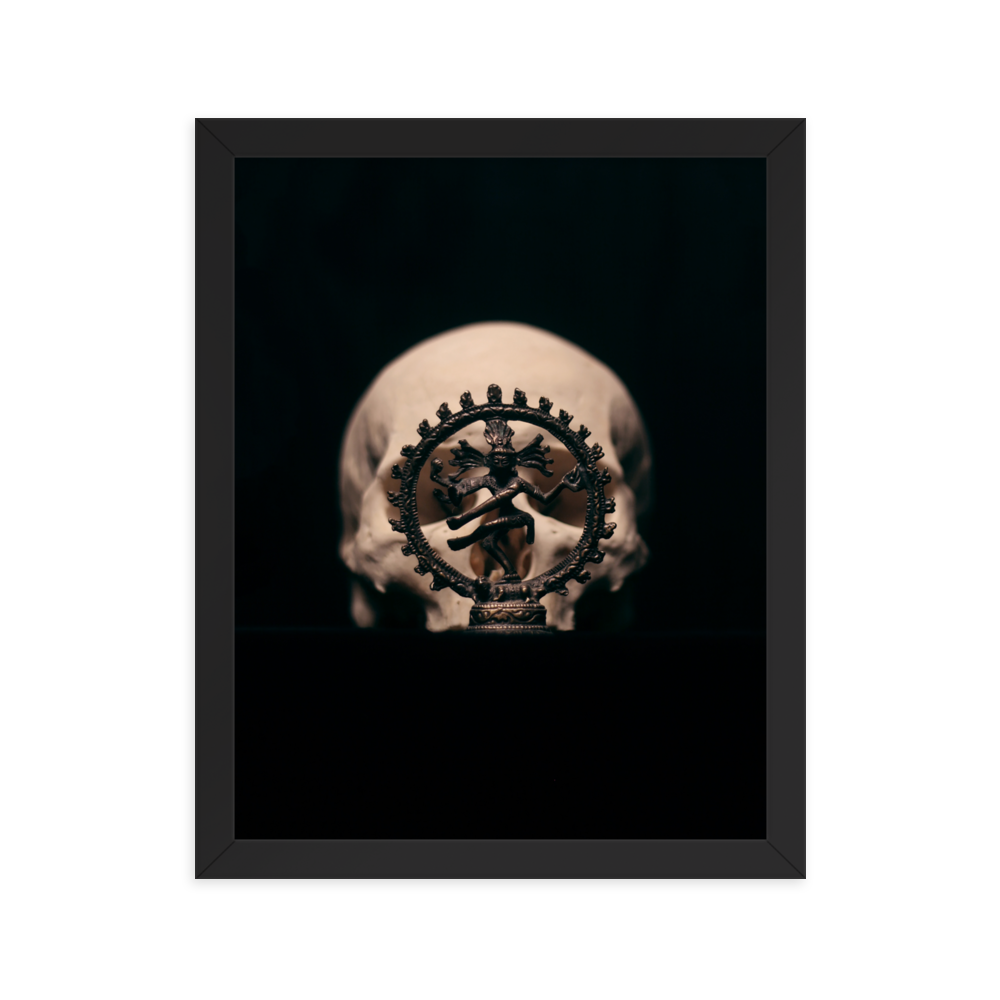 Skull with dancing shiva sculpture, real human skull photography - Framed poster