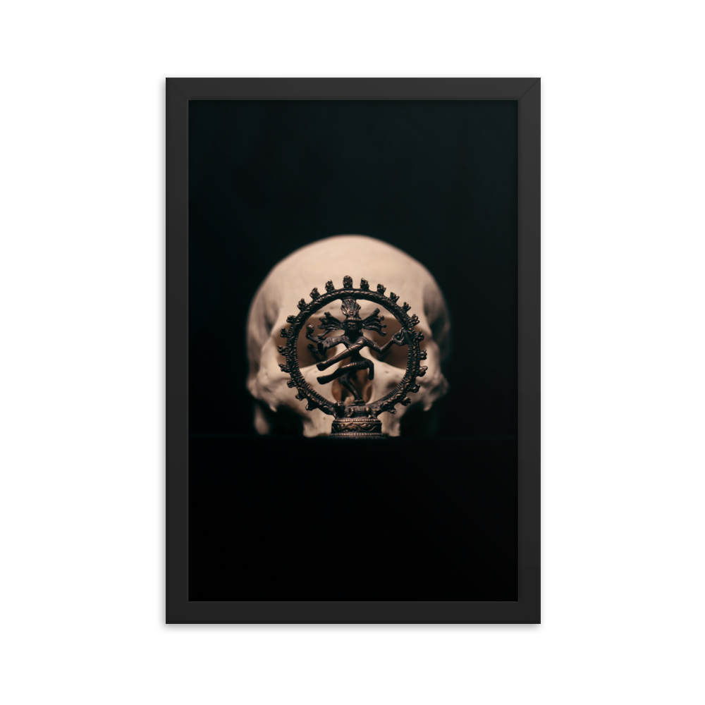 Skull with dancing shiva sculpture, real human skull photography - Framed poster