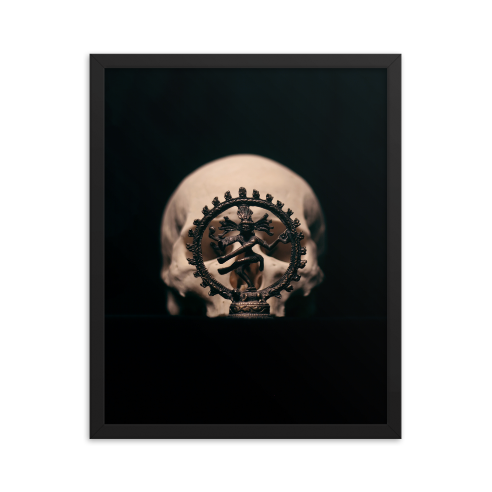 Skull with dancing shiva sculpture, real human skull photography - Framed poster