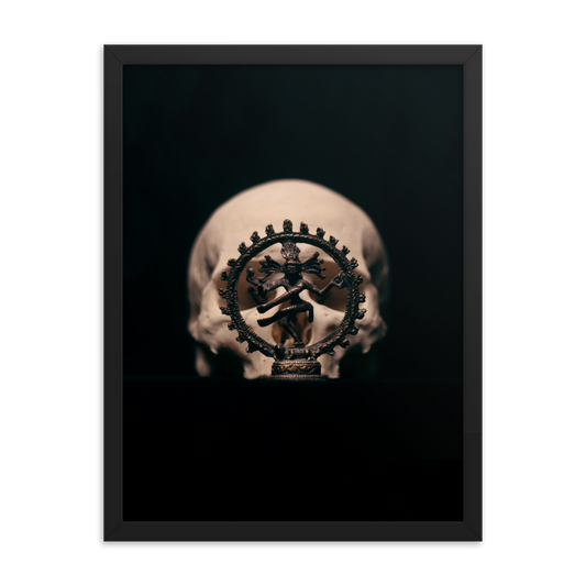Skull with dancing shiva sculpture, real human skull photography - Framed poster