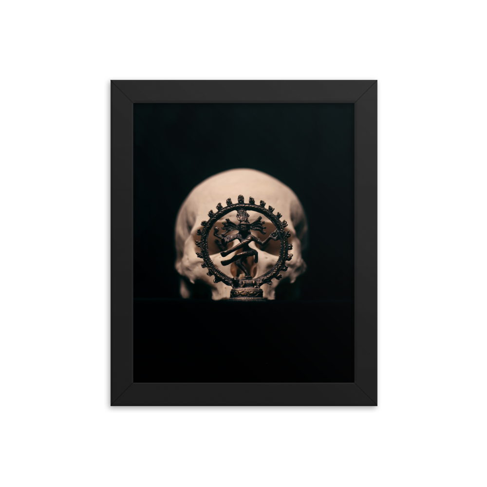 Skull with dancing shiva sculpture, real human skull photography - Framed poster