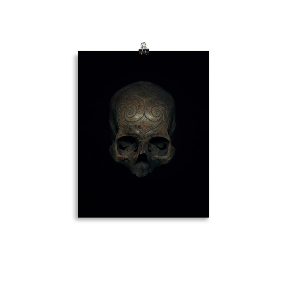 Iban tribe carved trophy skull, real human skull photography - Art print