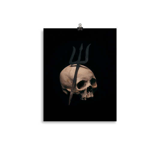 Trident leaning on skull, real human skull photography - Art print