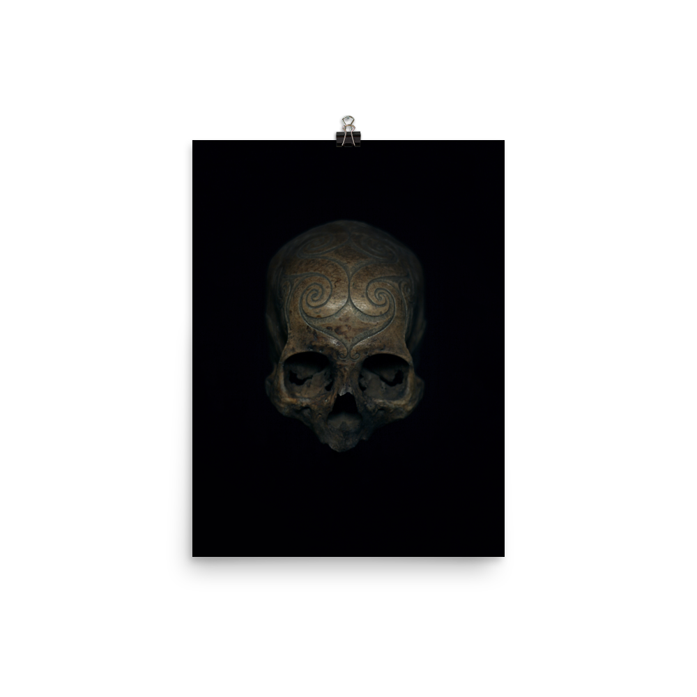 Iban tribe carved trophy skull, real human skull photography - Art print