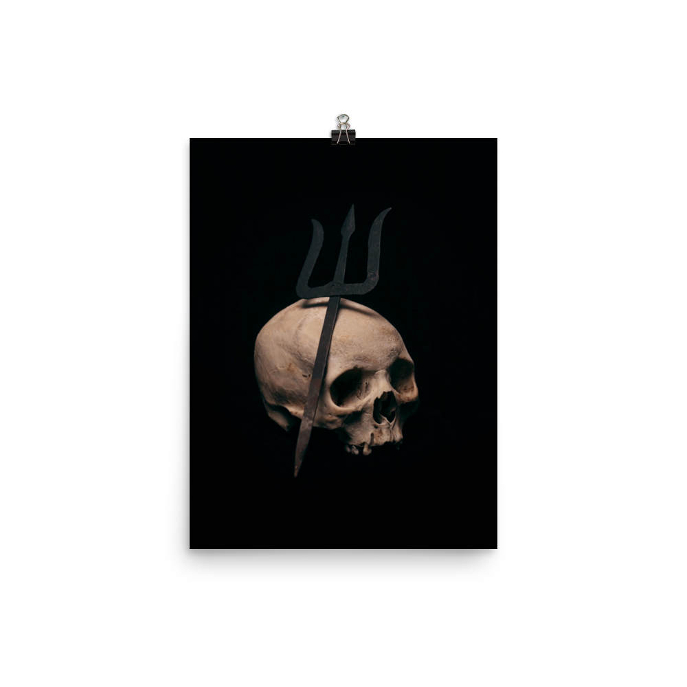 Trident leaning on skull, real human skull photography - Art print