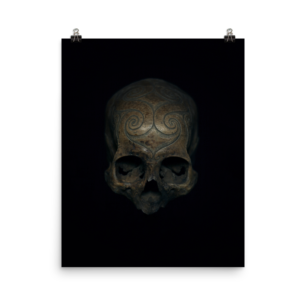 Iban tribe carved trophy skull, real human skull photography - Art print