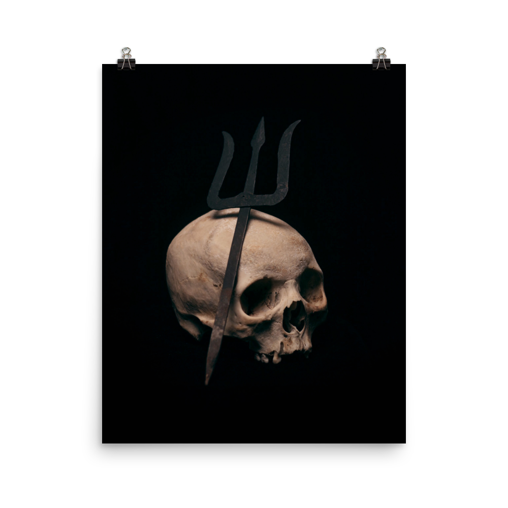 Trident leaning on skull, real human skull photography - Art print