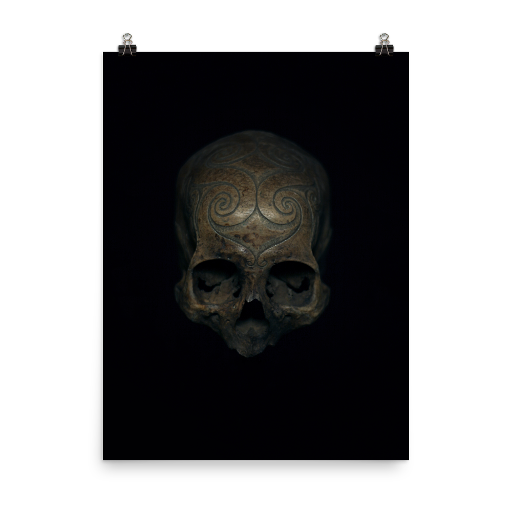 Iban tribe carved trophy skull, real human skull photography - Art print