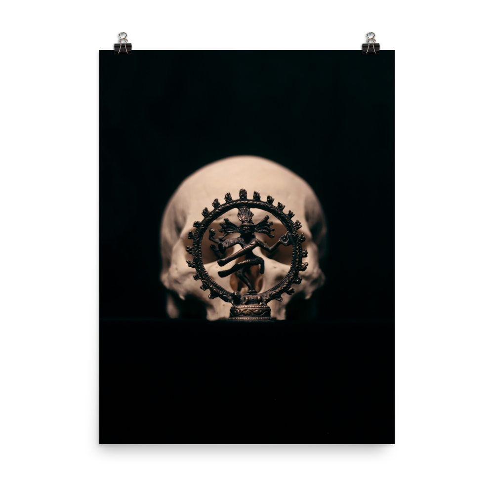 Skull with dancing shiva sculpture, real human skull photography - Art print