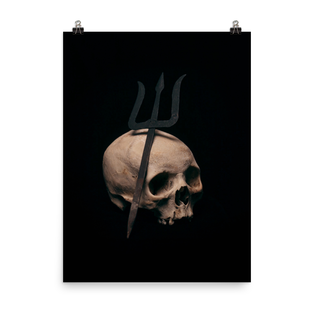 Trident leaning on skull, real human skull photography - Art print