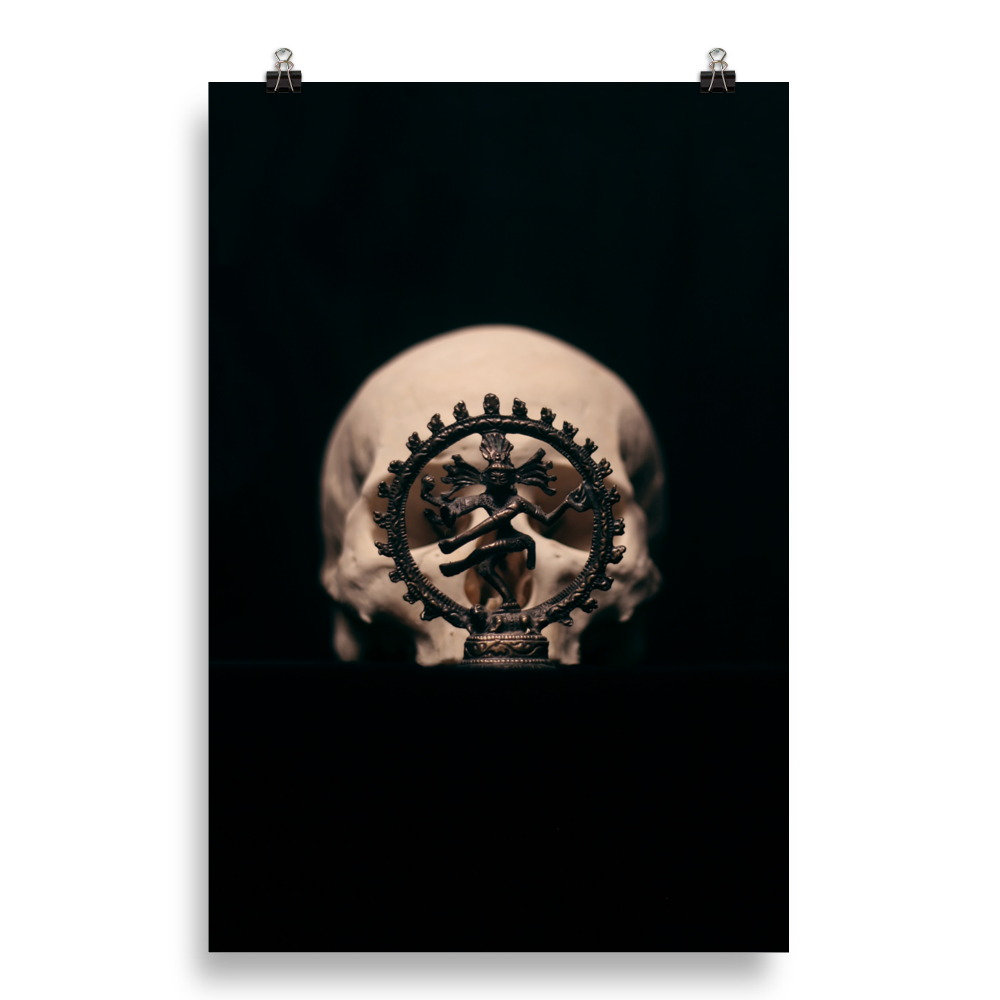 Skull with dancing shiva sculpture, real human skull photography - Art print