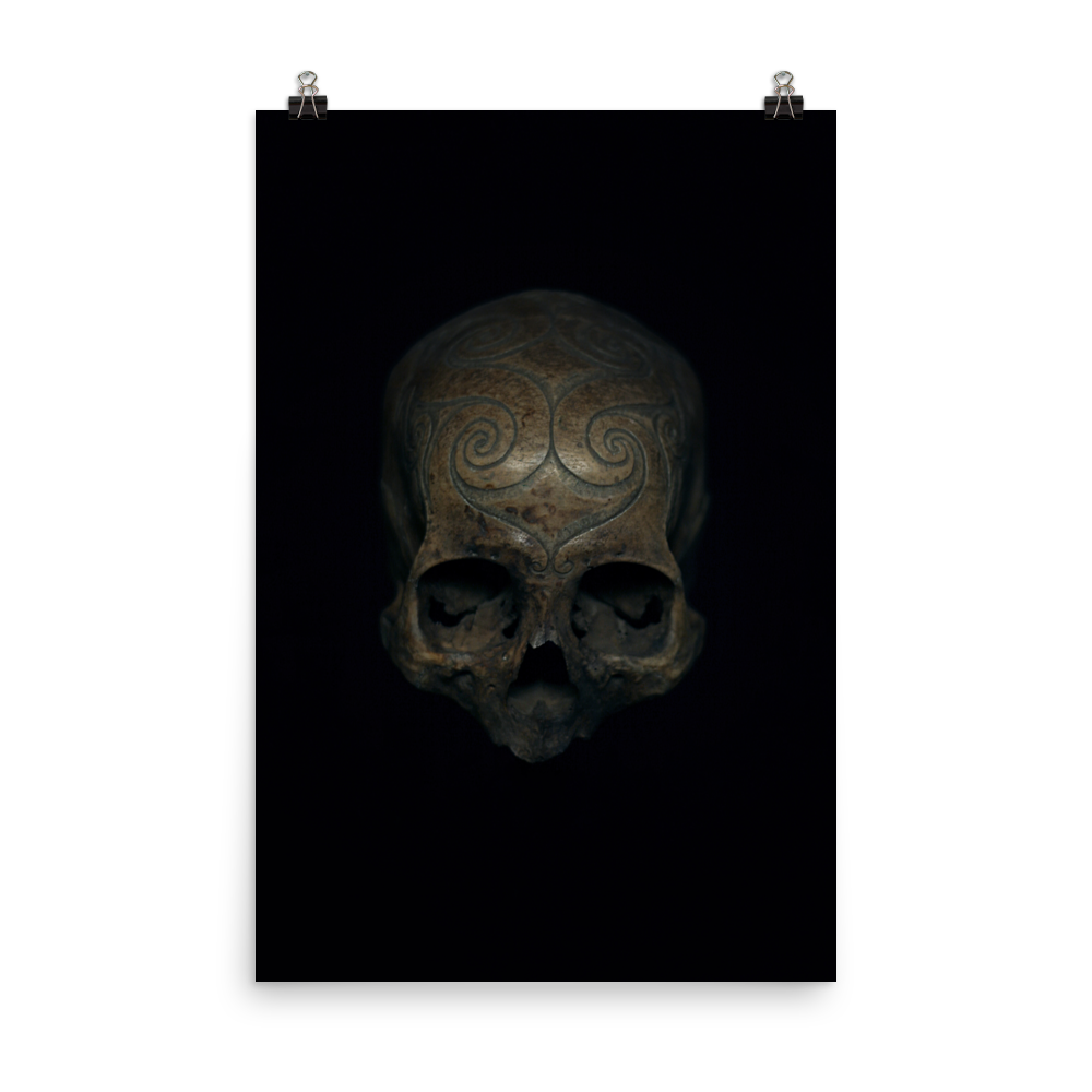 Iban tribe carved trophy skull, real human skull photography - Art print