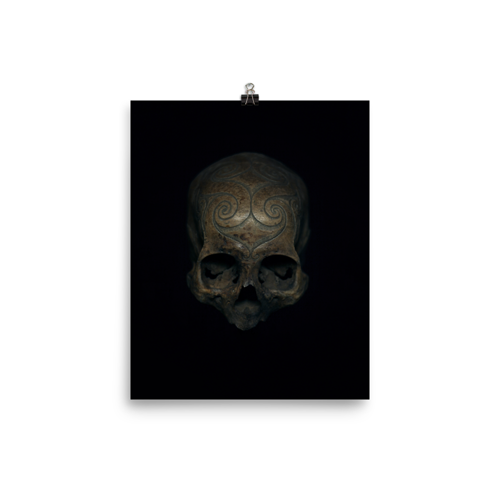 Iban tribe carved trophy skull, real human skull photography - Art print