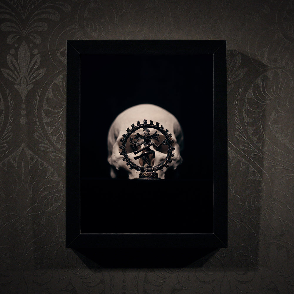 Skull with dancing shiva sculpture, real human skull photography - Framed poster