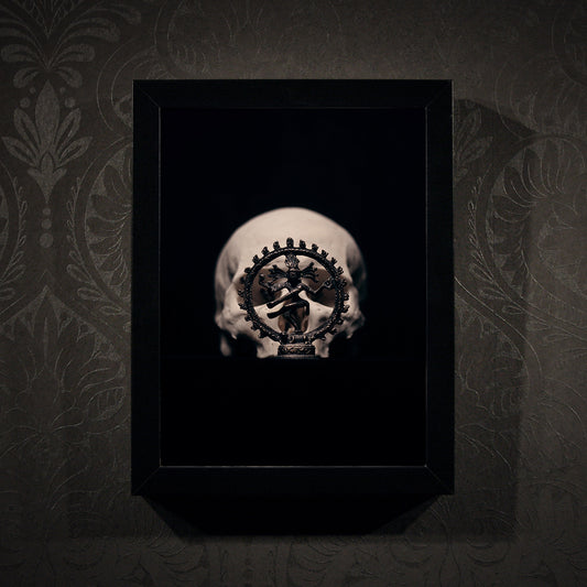 Skull with dancing shiva sculpture, real human skull photography - Framed poster