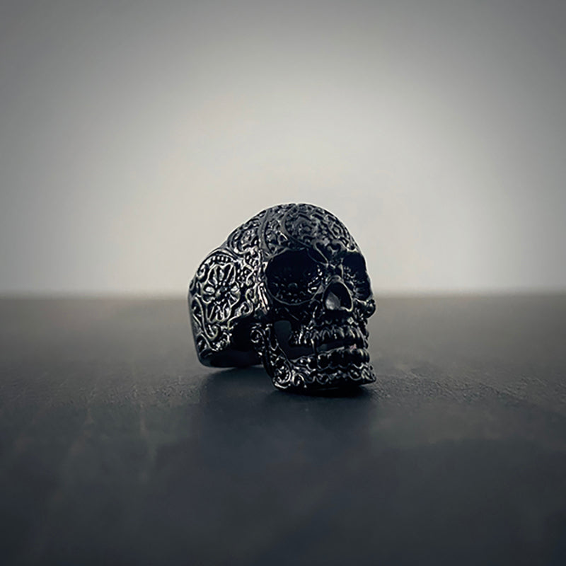 Floral skull, shiny black stainless steel - RINGS