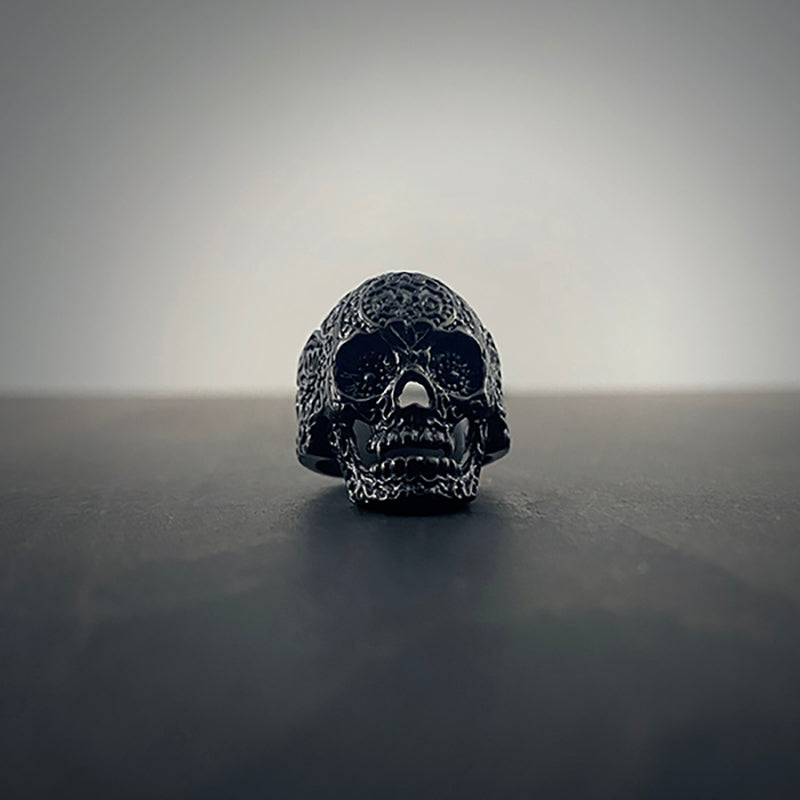 Floral skull, shiny black stainless steel - RINGS