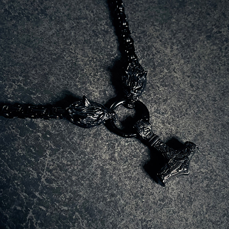 Fenrir with Mjolnir necklace, black edition - NECKLACE