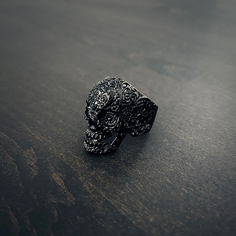 Floral skull, shiny black stainless steel - RINGS