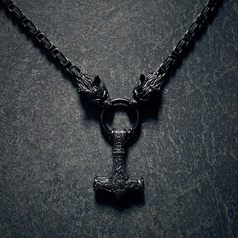 Fenrir with Mjolnir necklace, black edition - NECKLACE